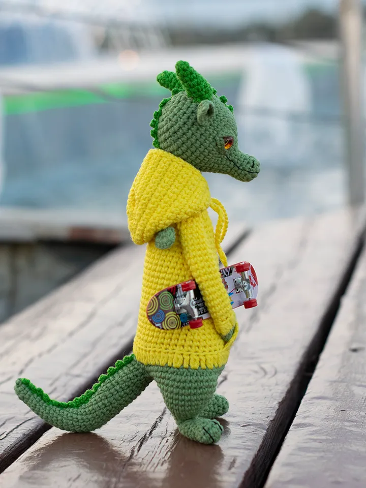 Realistic stuffed figurine dragon in hoodie gift idea for New Year, crochet art doll, exclusive handmade toys