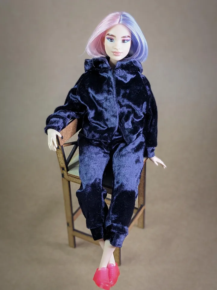 Handmade casual purple velvet two-piece set (hoodie and pants) for 1/6 scale fashion female dolls