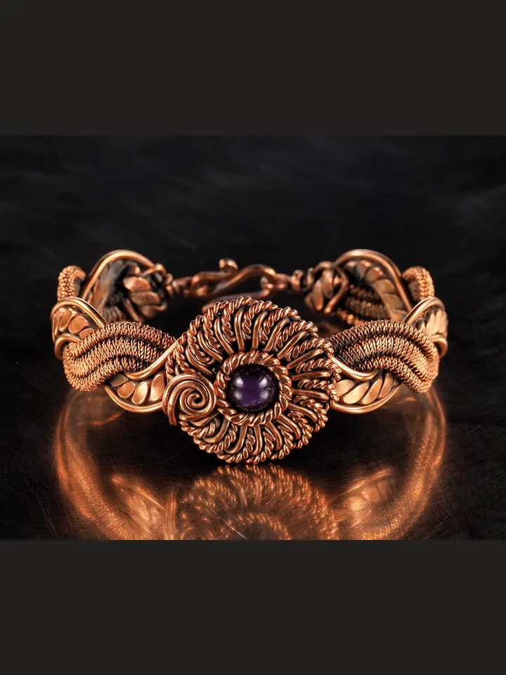 Copper wire wrapped Amethyst bracelet for woman, Statement flower jewelry, 7th Anniversary gift for her woman, Unique copper jewelry, Braided Art Nouveau antique style bracelet, Oxidized pure copper, Handmade