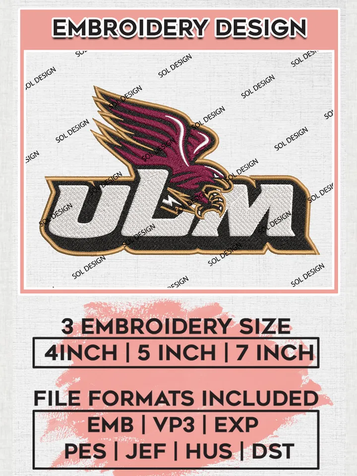 NCAA ULM Team Mascot Logo Embroidery Design Files, NCAA UL Monroe Warhawks Machine Embroidery, NCAA Teams, Game Day, 3 sizes, NCAA Machine embroidery designs, Digital Download