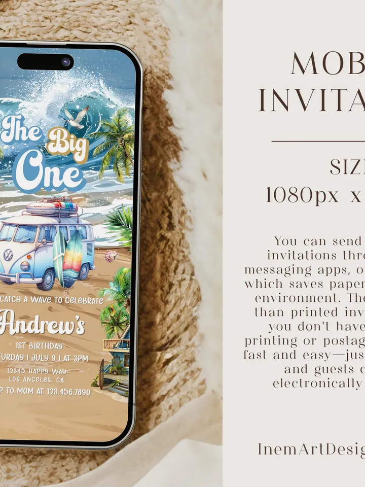 The Big One Surfing Invitation, Retro Boy Surf Surfboard, Editable Beach Pool Party Invite, Summer 1st Birthday, Printable Canva Template
