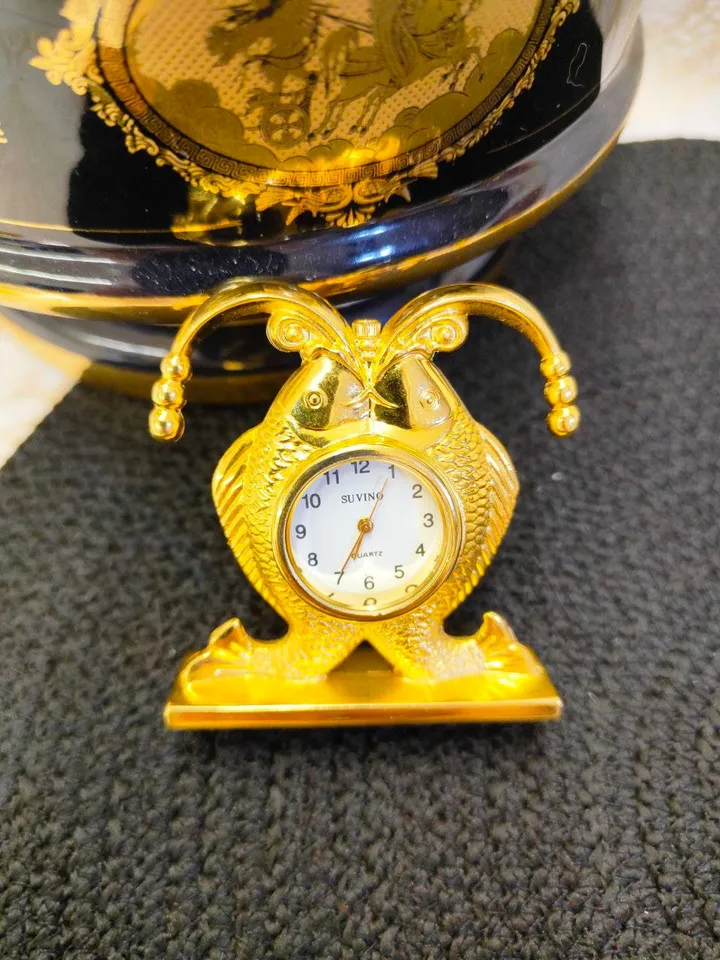 Miniature boudoir clocks,Vintage Fish clock,quartz watch,art deco style,brass watches,watches for collection