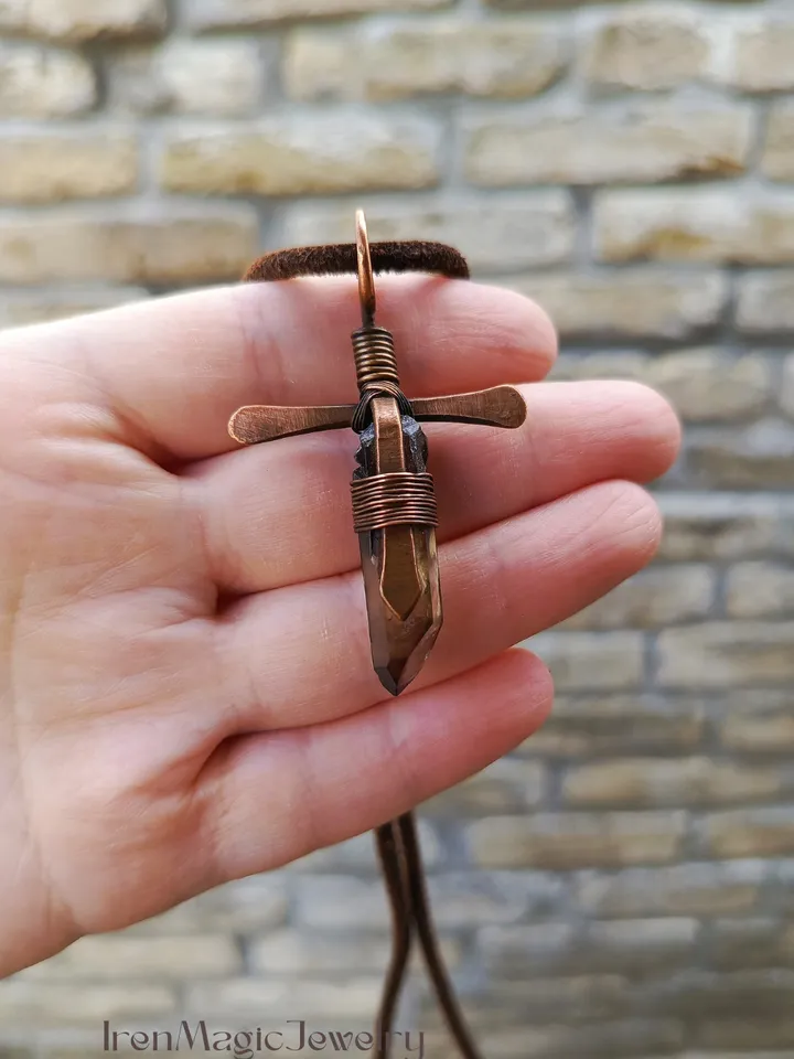 Copper Cross Pendant with Smoky Quartz Crystal
