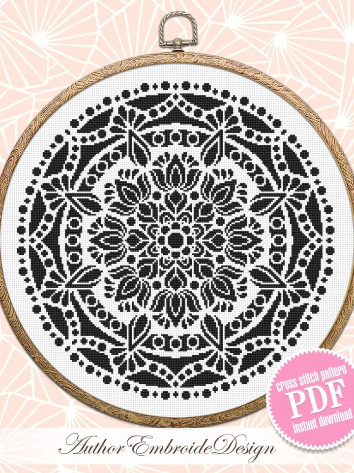 Black mandala cross stitch pattern PDF instant download Mandala ornament cross stitch chart, Monochrome mandala pattern digital PDF #M281
