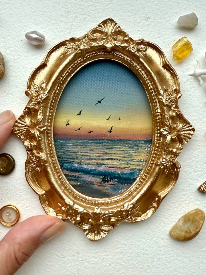 Ocean Sunset Landscape Oil Painting Original In Vintage Style Frame Small Framed Antique Style Painting Art Vintage Seascape Painting Coastal Artwork