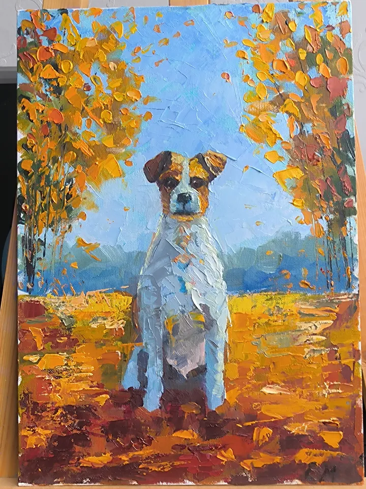 Dog oil painting, Dog on canvas, Oil painting, Dog in the autumn forest