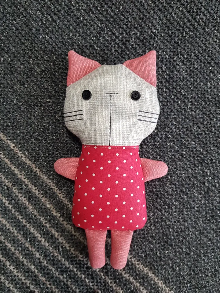 Cat Doll Sewing pattern PDF, digital tutorial in English, Rag doll diy, Cat in red dress