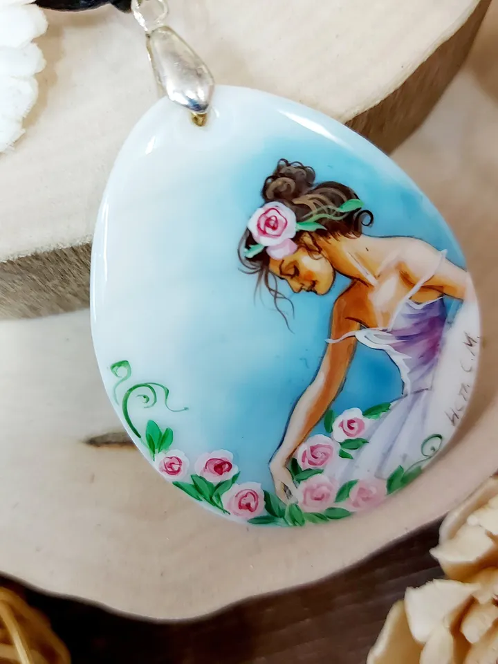 Mother of pearl Russian hand-painted Necklace pendant "Charming Ballerina" Hand paint necklace pendant