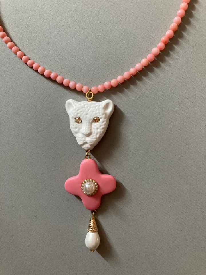Necklace English porcelain pink flower