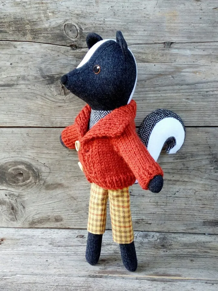 Skunk boy, handmade plush animal toy, wool stuffed skunk doll