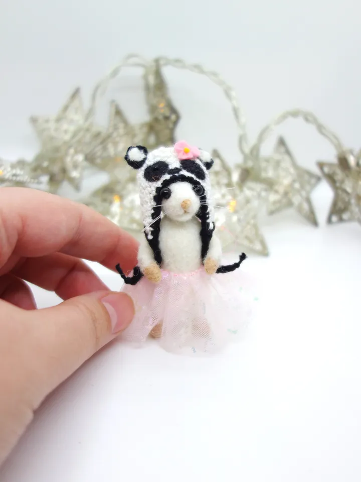 Penny the mouse, miniature needle felted mouse in a panda costume, made to order