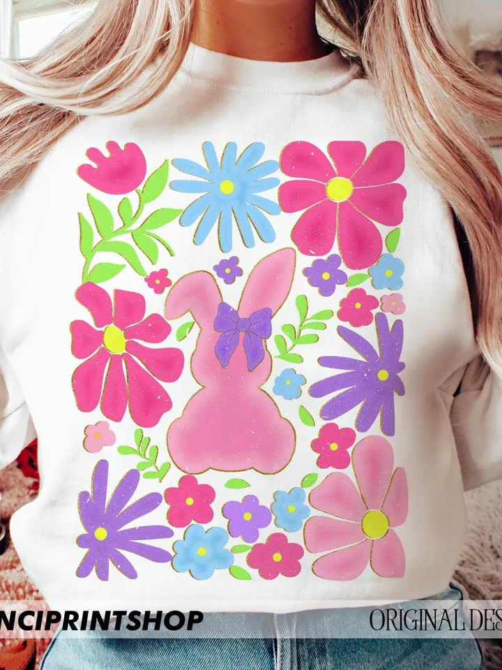 Boho Easter Bunny Png, Boho Floral png, Easter png, Retro Floral Easter Png, Happy Easter png, Bunny Coquette Bow png, Boho Easter png