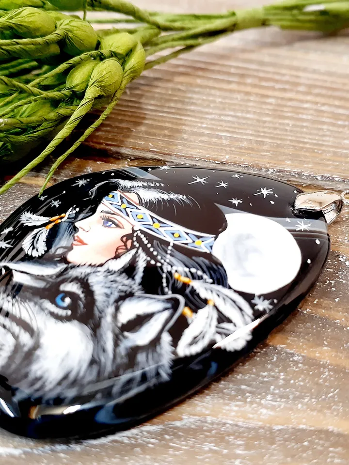 The Forest Fairy pendant. Author's work. Hand-painted on stone. Russian School of Painting. Fedoskino. Agate.Hand painted miniature painting