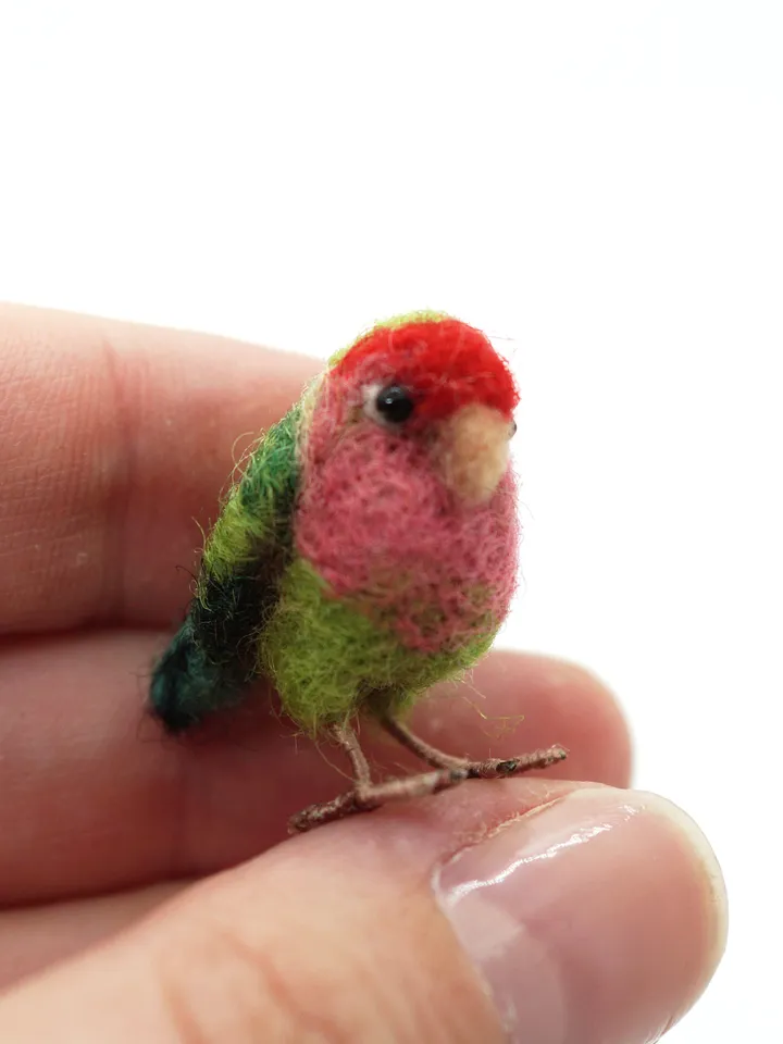 Miniature needle felted lovebird, tiny parakeet, pet portrait, peach faced lovebird