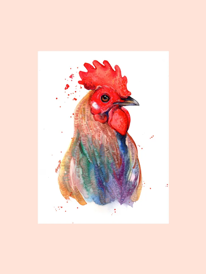Rooster Original watercolor, farm bird painting, bird lover gift, wall decor, 8x11 in handmade birds art by Anne Gorywine