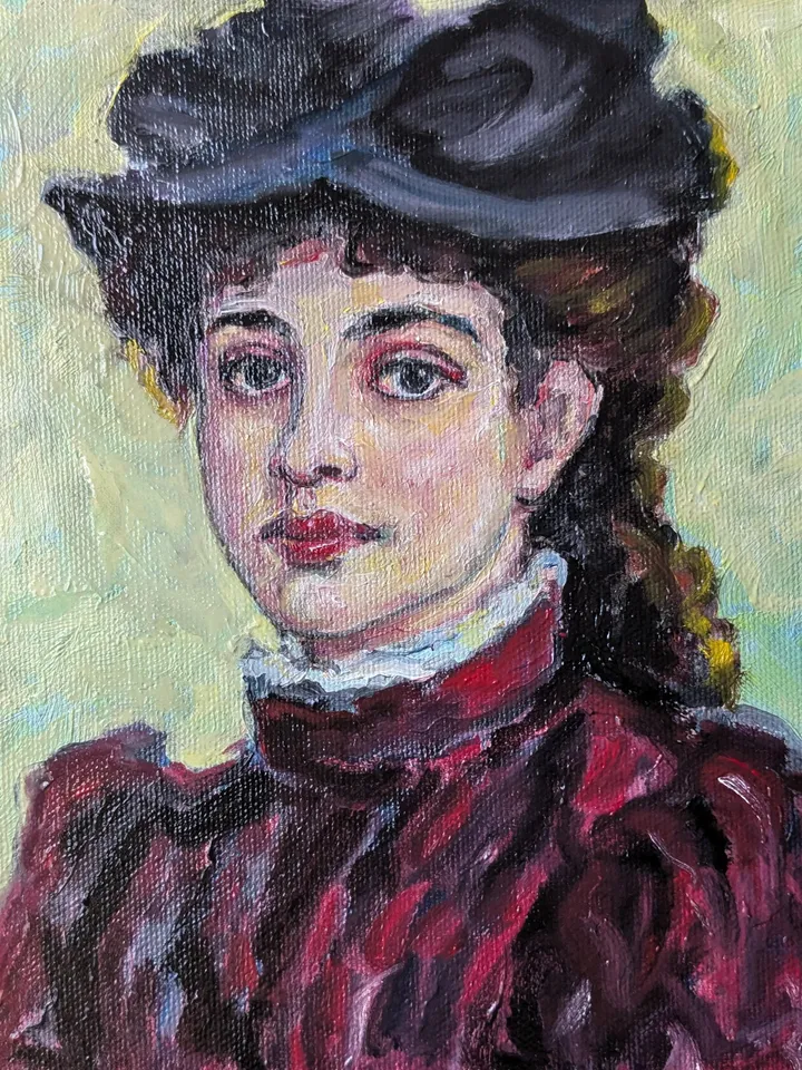 Original Oil Painting – Woman in Maroon Dress and Hat, Impressionist Portrait, Hand-Painted Canvas on Hardboard, Unique Wall Art