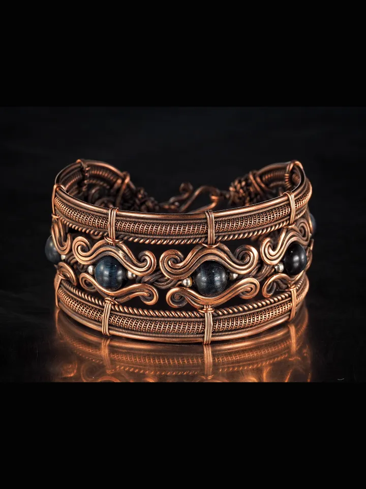 Copper wire bracelet with natural falcon eye, 7th Wedding Anniversary gift