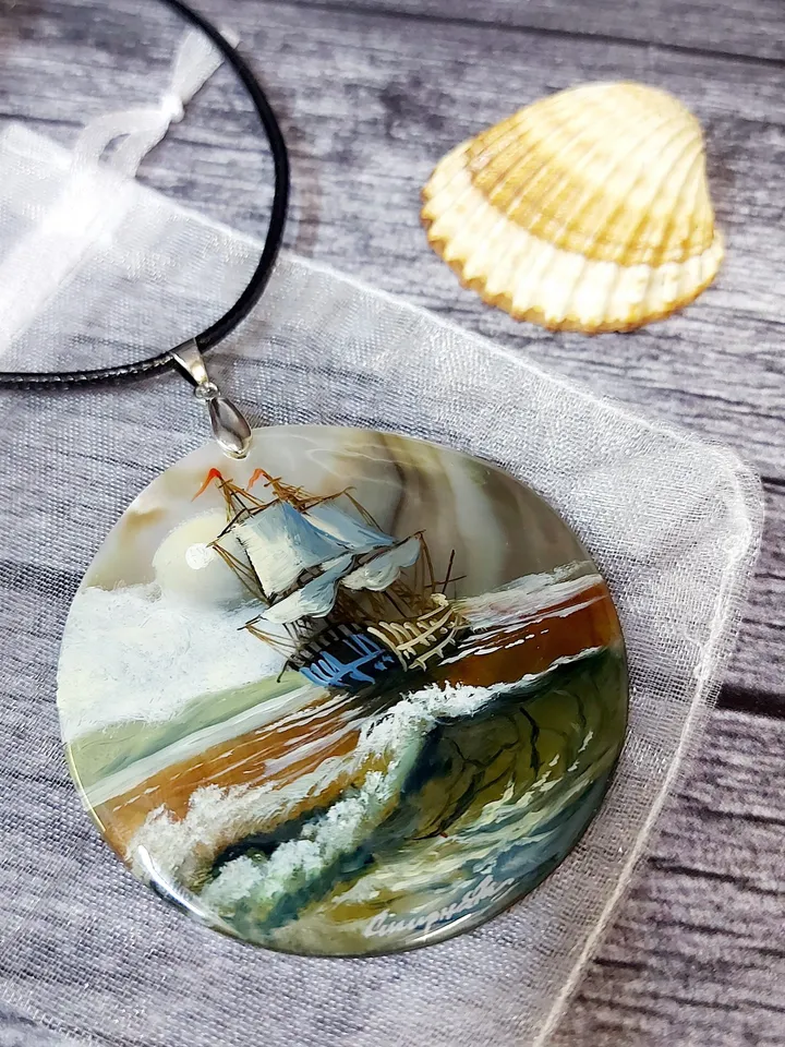 Pearl pendant necklace: Ship in sea storm painted on handmade shell art jewelry • Dainty handcrafted nautical jewelry for dress on yacht
