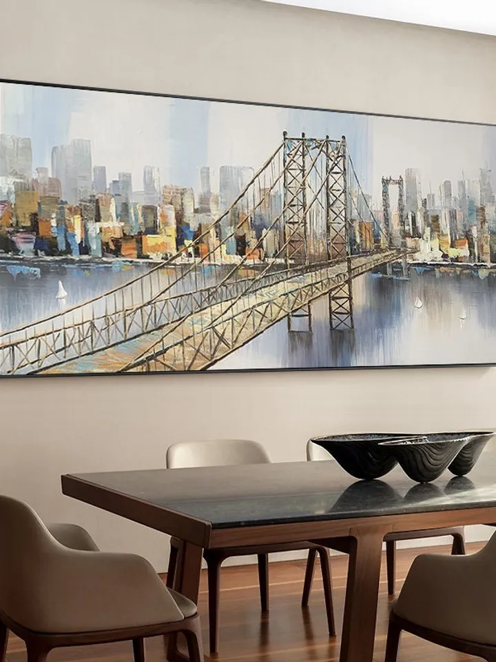 Abstract New York City Oil Painting on Canvas, Large Original Brooklyn Bridge Skyline Urban Cityscape Painting Living Room Wall Art Decor