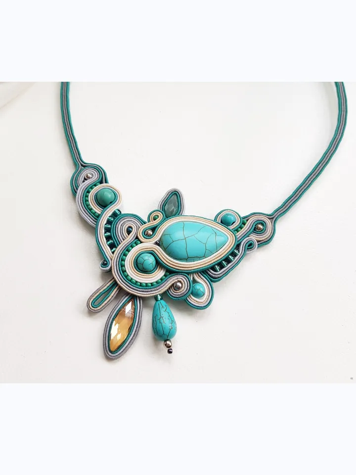Turquoise statement necklace, Soutache embroidered necklace with natural stone, Blue bib necklace