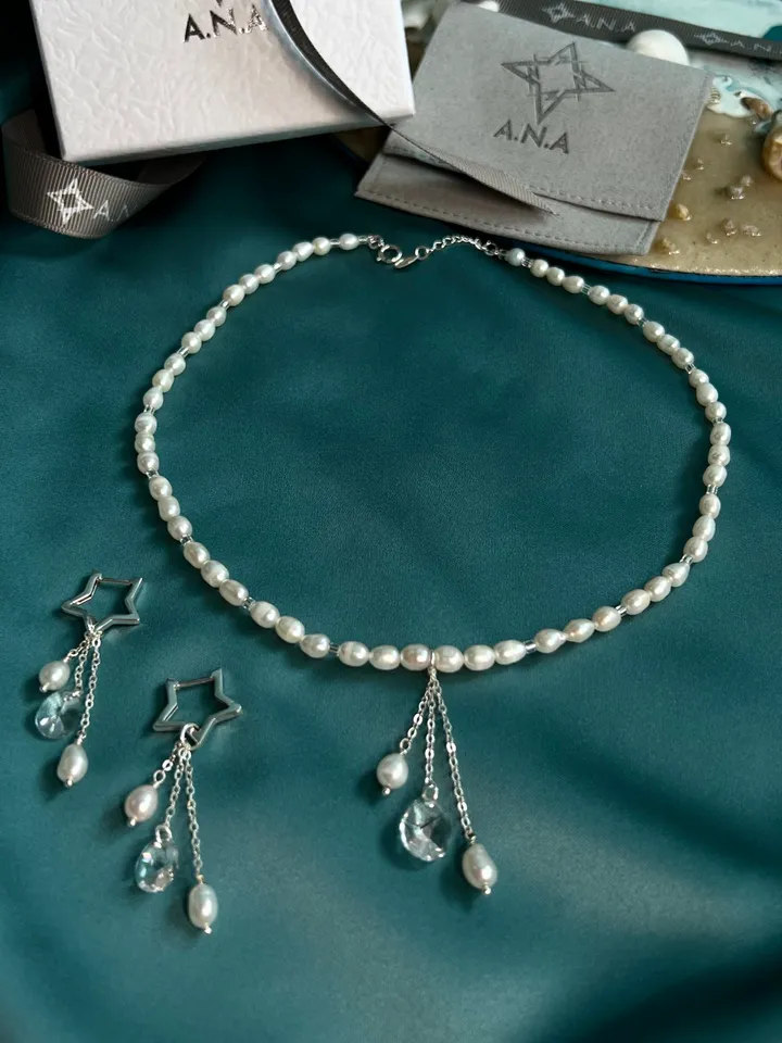 Pearl Silver 925 Jewelry Set Necklace Earrings PEARL TEARS