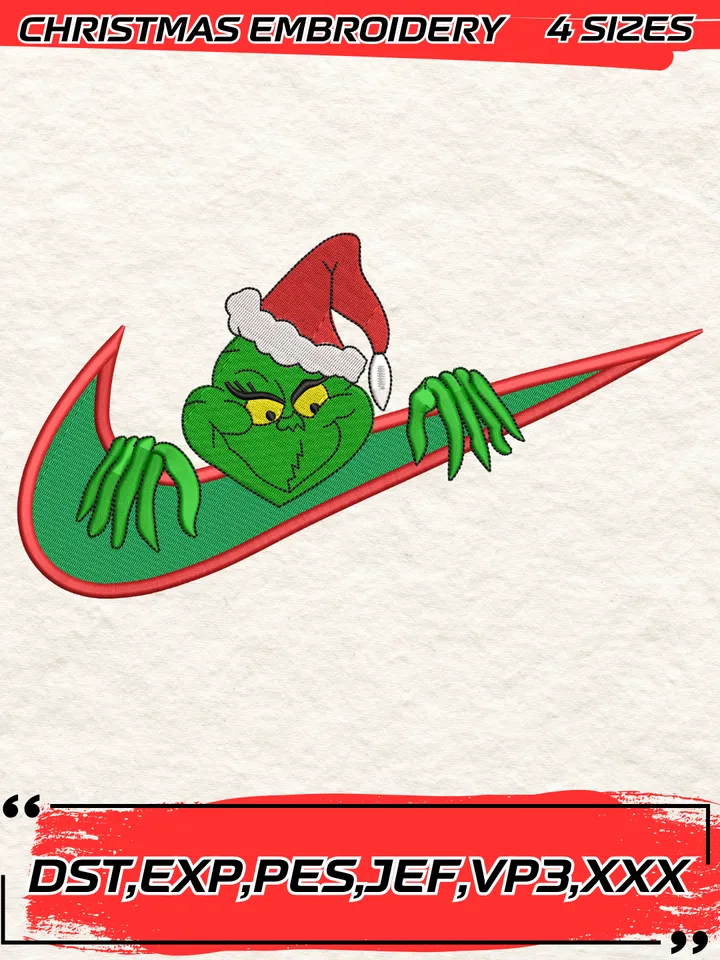 Swoosh Grinch Christmas Embroidery Design,Christmas Embroidery Design,4 Sizes,Digital Download