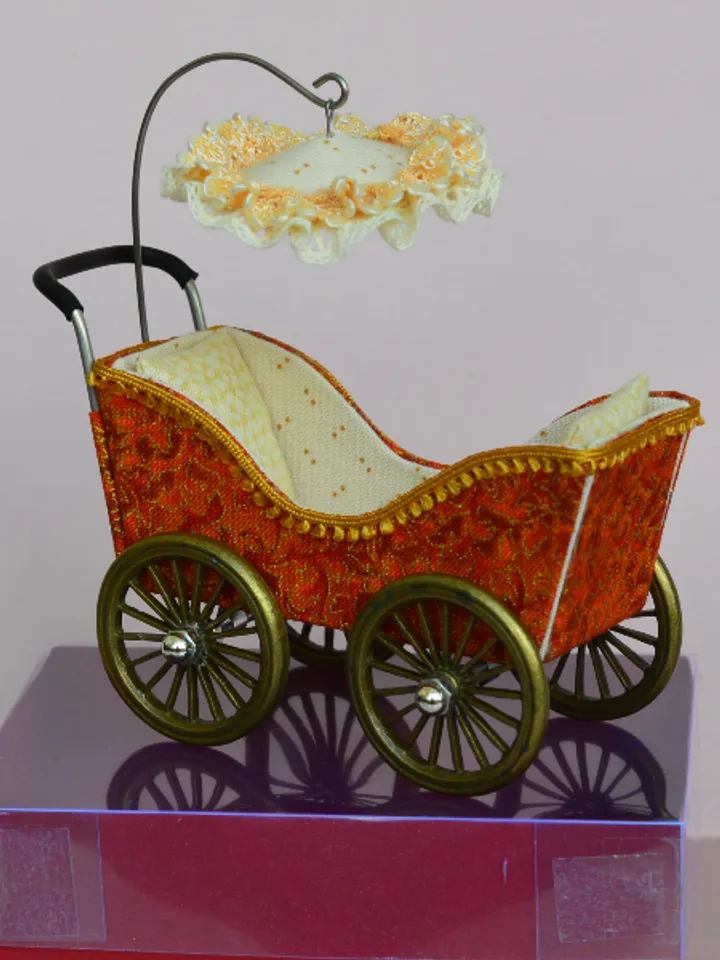Miniature toy stroller for two small dolls. Handmade miniature stroller for small dolls.