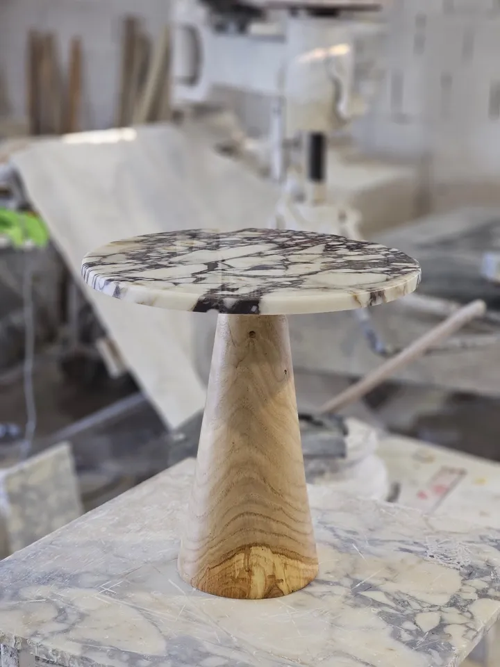 Calacatta viola or silver marble & travertine end table wooden leg model is handmade free shipping