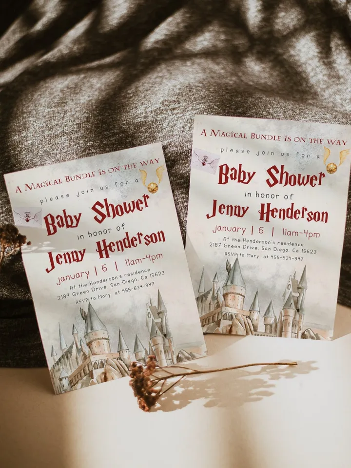Wizard Baby Shower Invitation; Magic School Baby Schower Invite template; A Magical Bundle on the Way; Magic School Invite editable canva