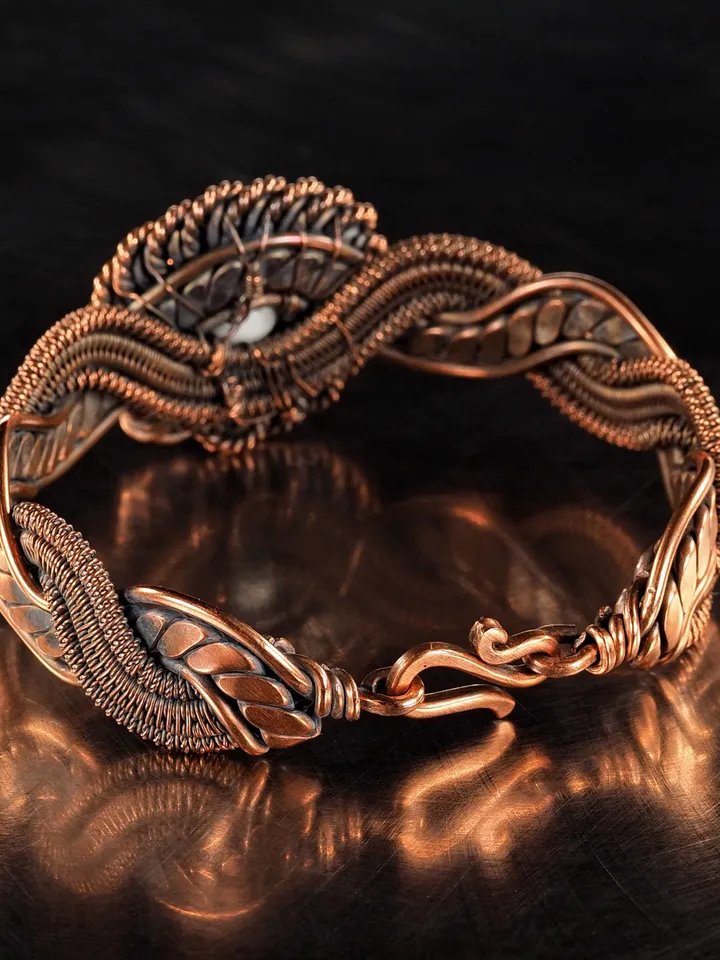 Copper wire wrapped cacholong bracelet Flower bangle 7 Wedding Anniversary Gift Small size bracelet