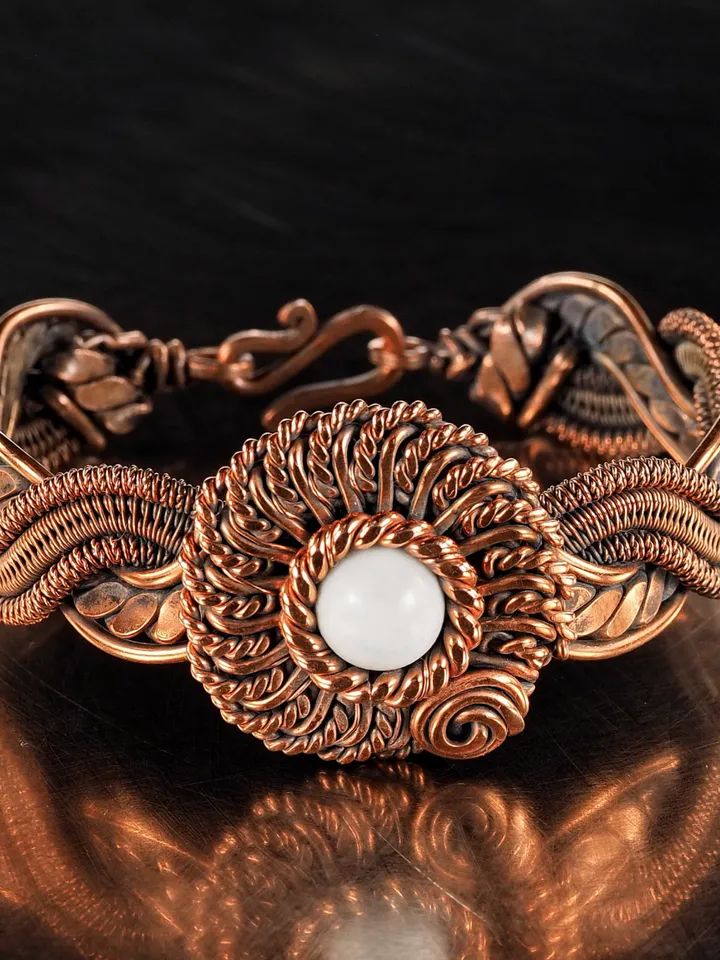 Copper wire wrapped cacholong bracelet Flower bangle 7 Wedding Anniversary Gift Small size bracelet