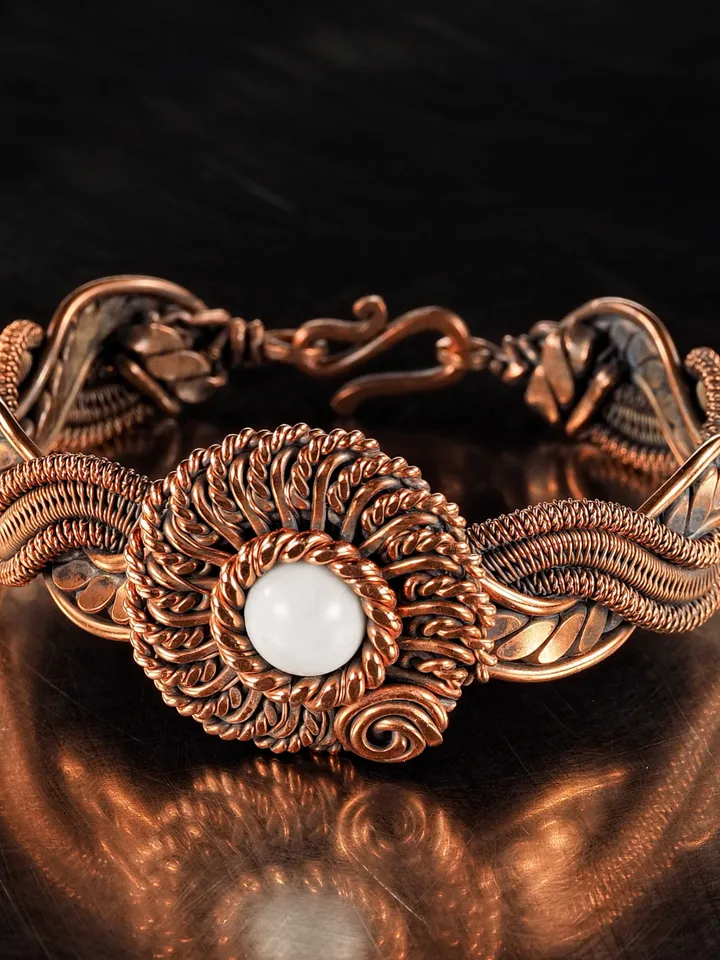 Copper wire wrapped cacholong bracelet Flower bangle 7 Wedding Anniversary Gift Small size bracelet