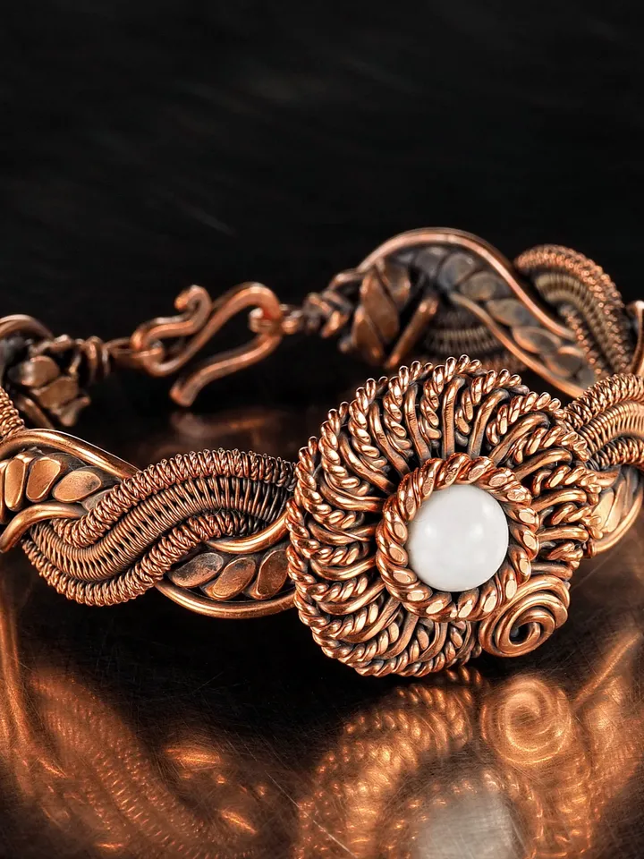 Copper wire wrapped cacholong bracelet Flower bangle 7 Wedding Anniversary Gift Small size bracelet