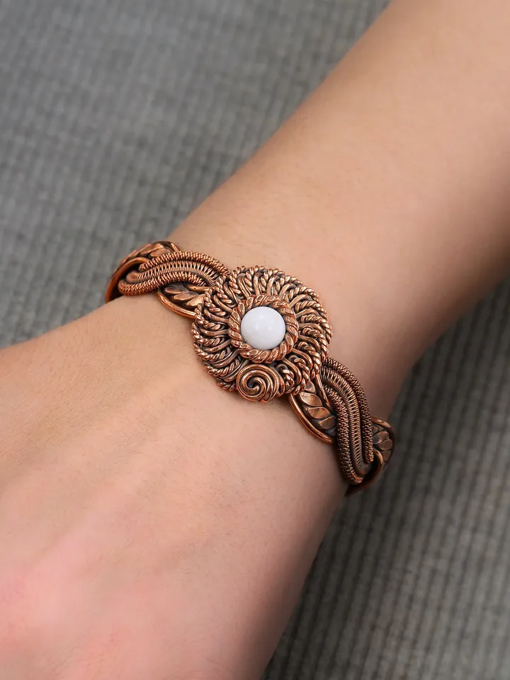 Copper wire wrapped cacholong bracelet Flower bangle 7 Wedding Anniversary Gift Small size bracelet