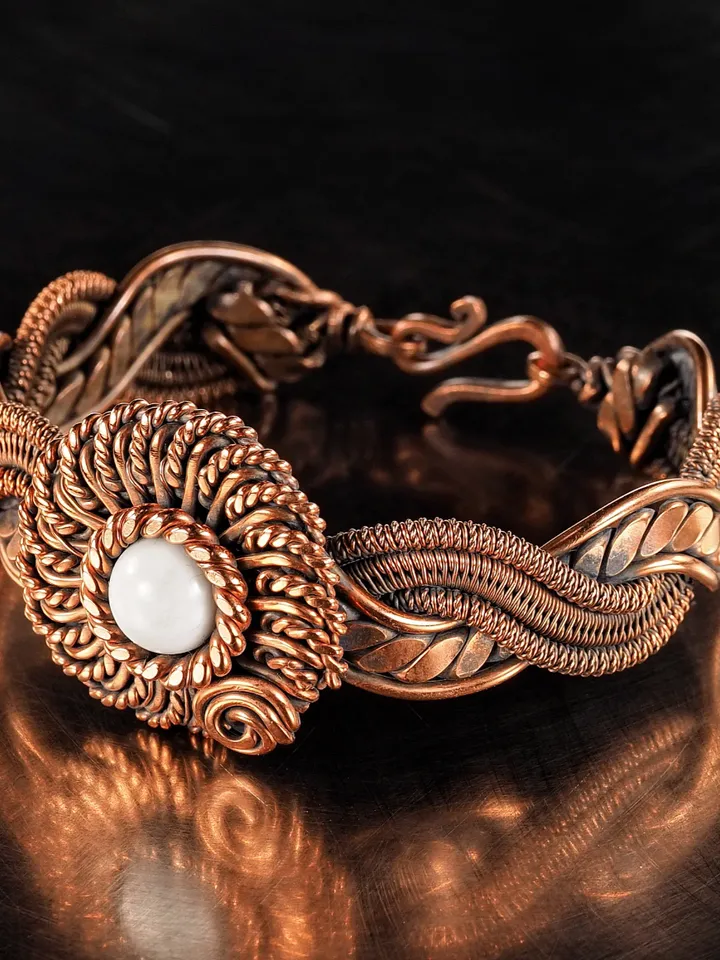 Copper wire wrapped cacholong bracelet Flower bangle 7 Wedding Anniversary Gift Small size bracelet