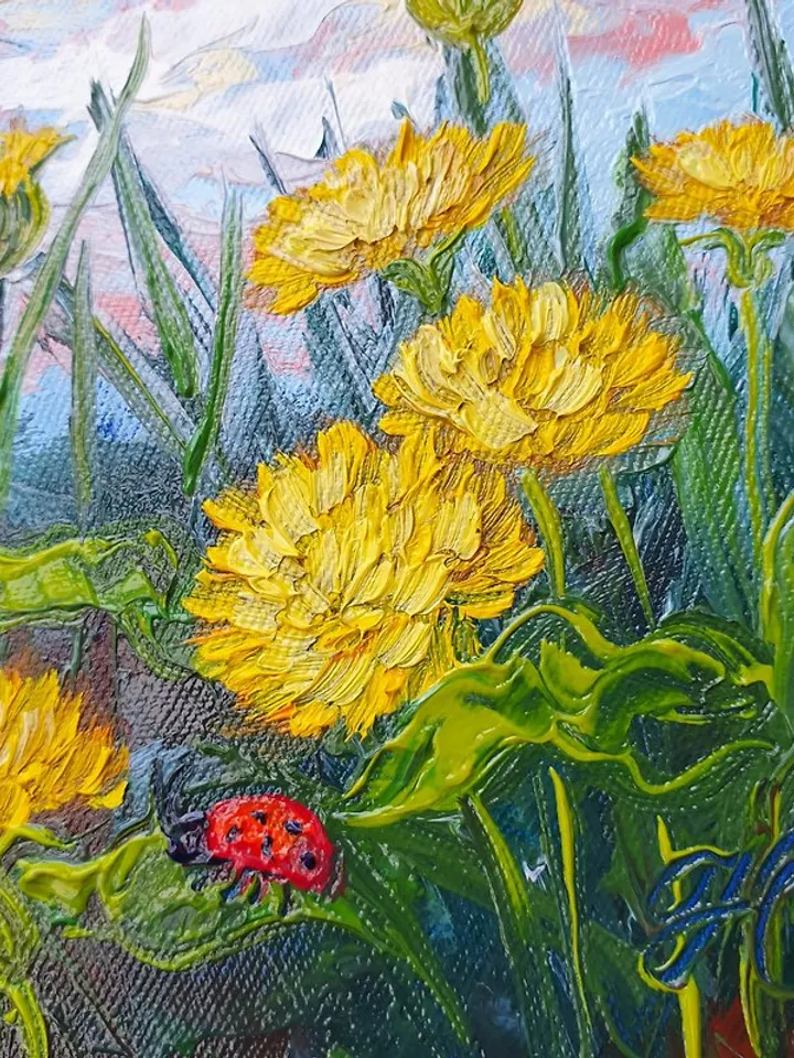 Dandelions Painting Ladybug Original Art Wildflower Wall Art Small Oil Painting