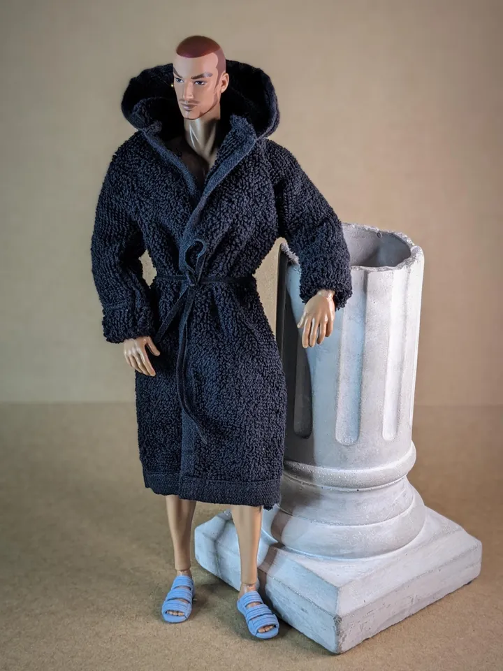 Navy blue terry bathrobe with a hood for 13 inch fashion male doll (FR Homme, Poppy Parker, Adonis)