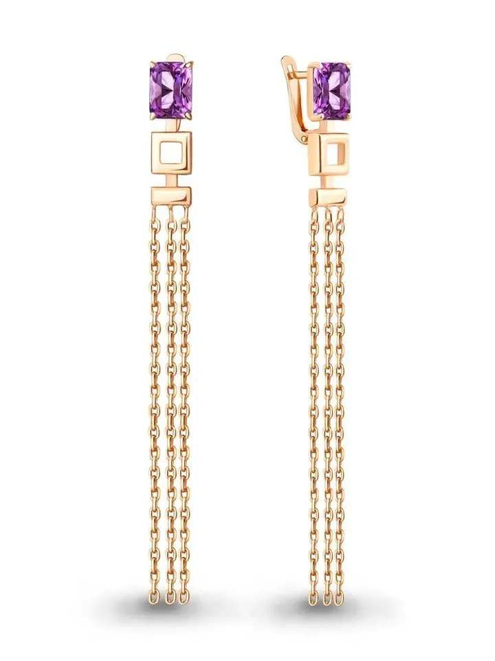 Earrings silver 925 long gold plated chains with amethyst