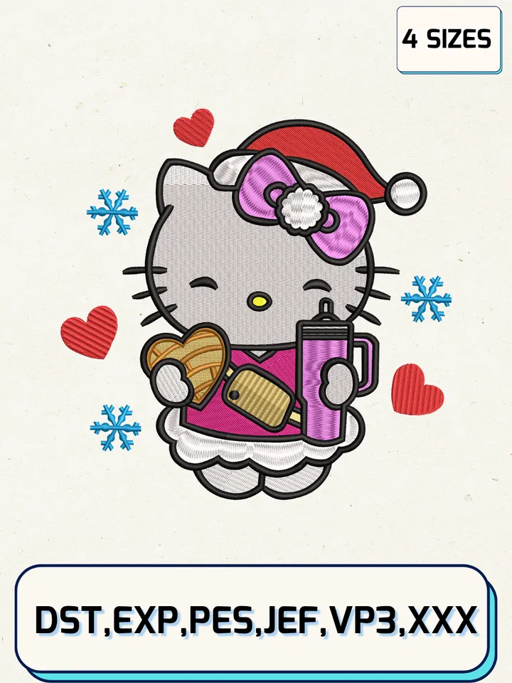 Hello Kitty Concha Embroidery Design,Christmas Embroidery Designs,Machine Embroidery Files,Hello Kitty Embroidery Design,4 Sizes