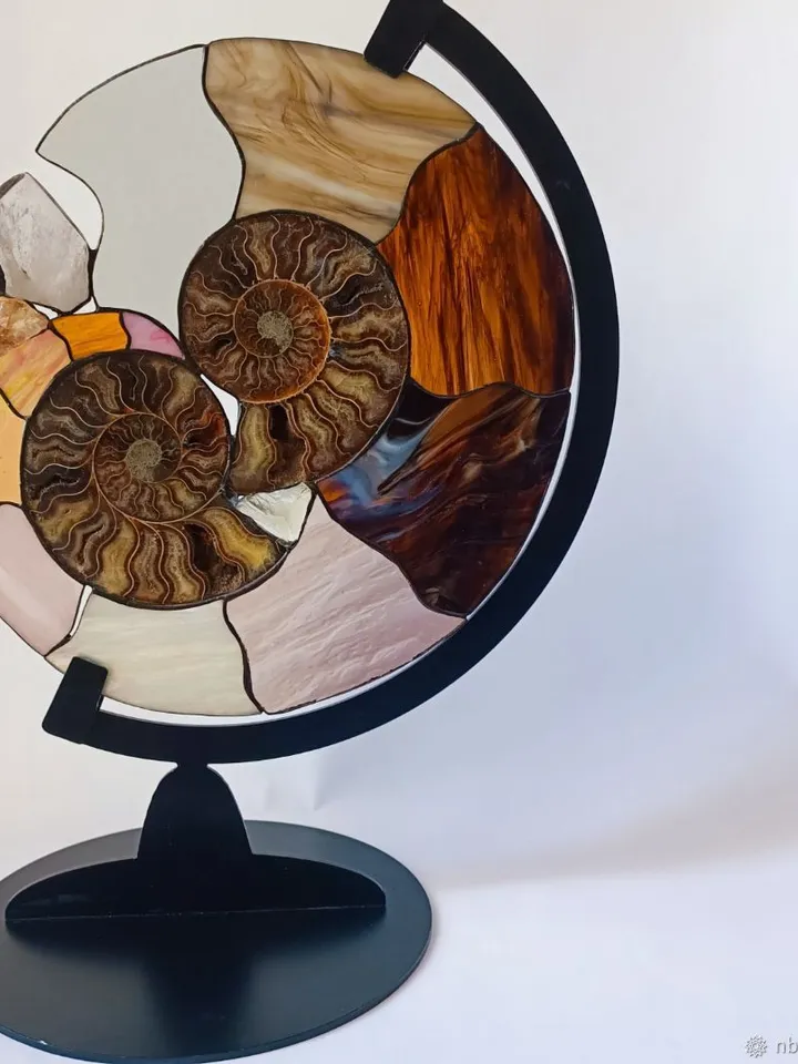 Paired Ammonites on a Stand, Paired Stained Glass Ammonites on Stand, Paired Ammonites, Ammonite Duo on Stand, Twin Fossil Ammonites, Ammonite Sculpture with Gemstones, Stained Glass and Ammonite Art, , Twin Ammonites with Stained Glass Accents