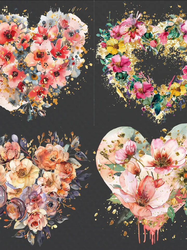 20 Floral Heart PNG Clipart, Watercolor clipart, Floral Heart sublimation, Golden Hear in flowers clip art, Digital download, junk journal