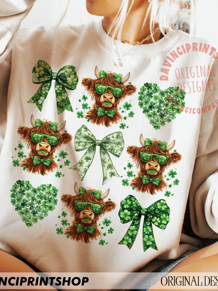 St Patrick's Day Highland Cow PNG, St. Patrick's Day Heart Clover, Coquette St. Patrick's png, Shamrock png, St Patrick's Day png, Irish png