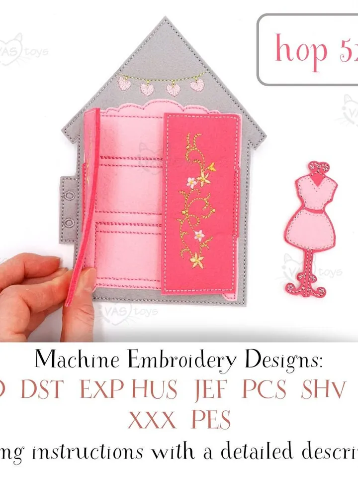 ITH Dollhouse Wardrobe Page Embroidery Design, Felt Quiet Book Closet Pattern, 5x7 Hoop Digital File