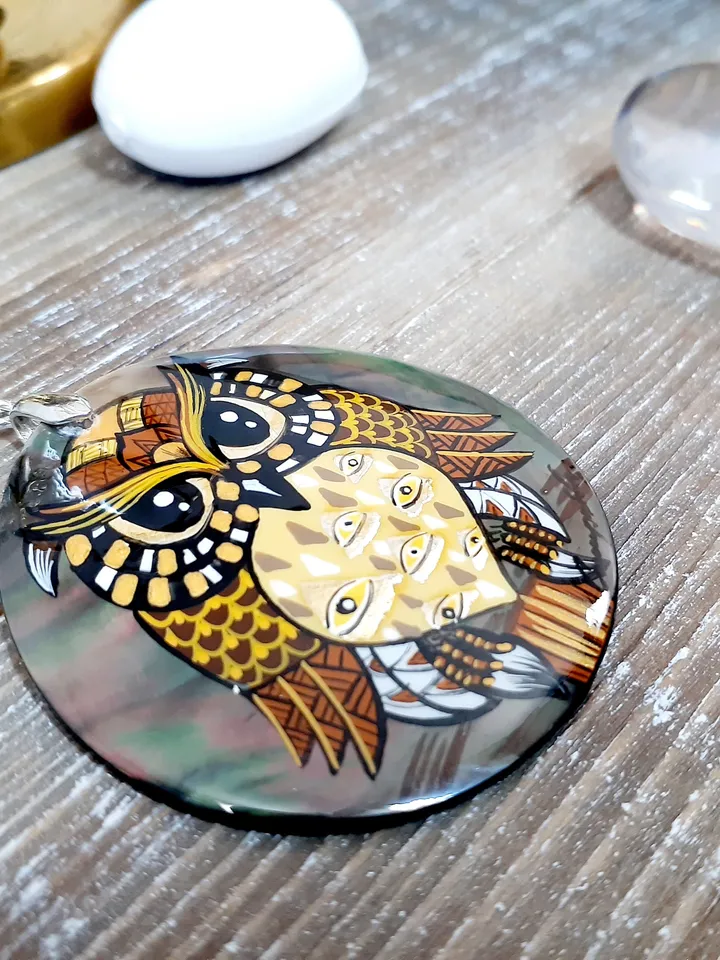 Pearl pendant necklace: Eagle Owl in style of Gustav Klimt • Awesome bird pendant for stylish women • Mystery Halloween owl amulet for witch