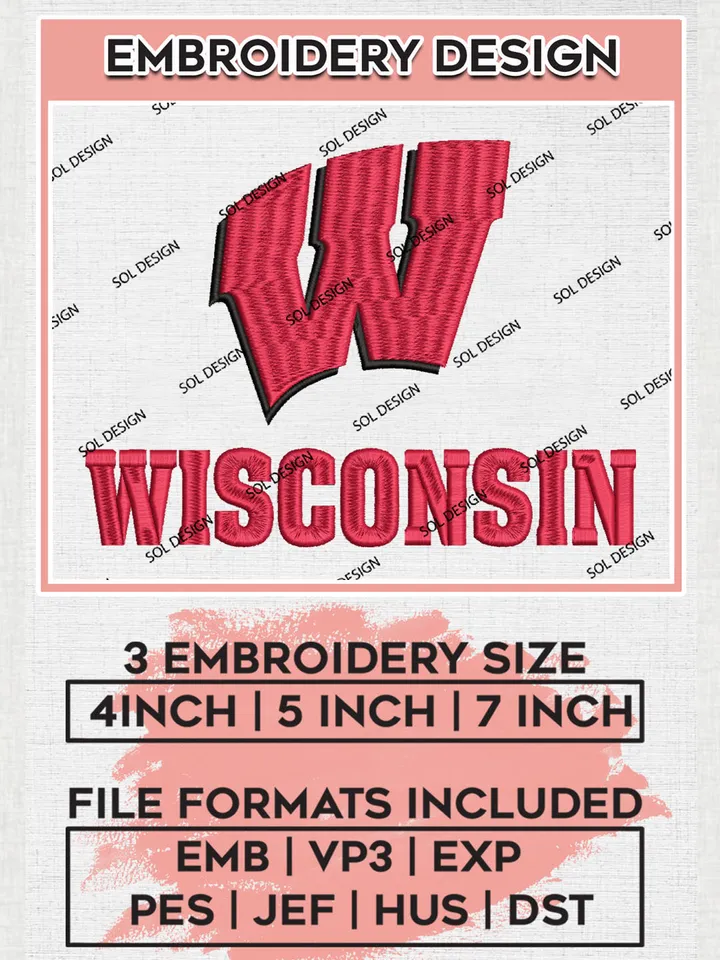 NCAA Wisconsin Team Letter Logo Embroidery Design Files, NCAA Wisconsin Badgers Machine Embroidery, NCAA Teams, 3 sizes, NCAA Machine embroidery designs, Digital Download