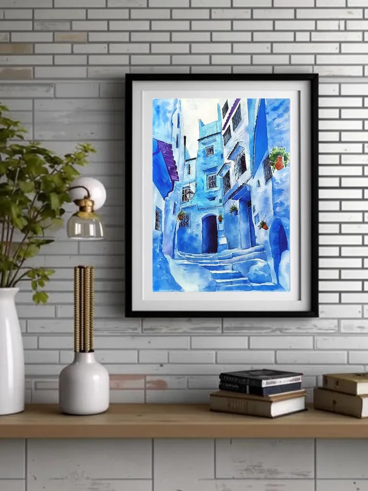 Blue Town Morocco Painting Chefchaouen Artwork Chaouen Original Watercolor Art 11.81x15.74 in by Art Café