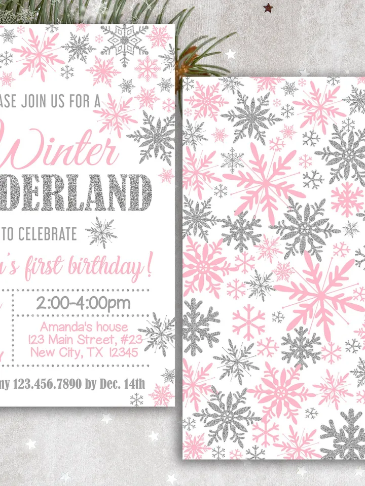 Winter Onederland Invitation Girl 1st Birthday Invitation, Winter Wonderland Birthday Invitation, First Birthday Snowflake Editable Template