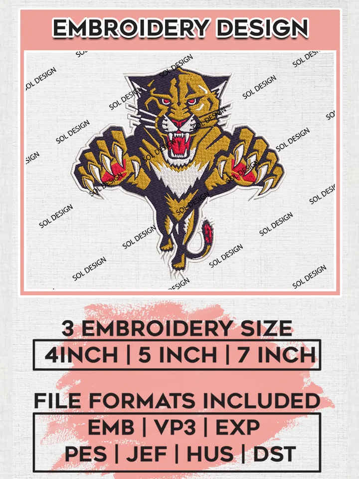 NHL Florida Panthers Hockey Team Mascot Logo Embroidery Design, NHL Florida Panthers Logo Embroidery Files, Hockey Team Machine Embroidery, Machine Embroidery Design