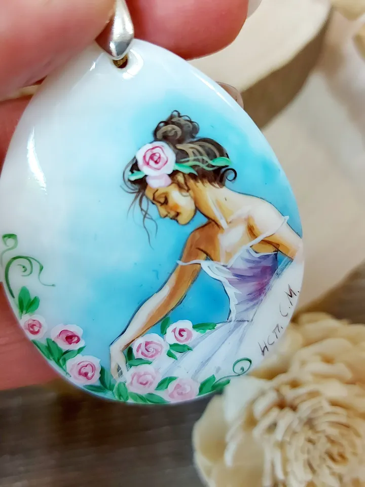Mother of pearl Russian hand-painted Necklace pendant "Charming Ballerina" Hand paint necklace pendant