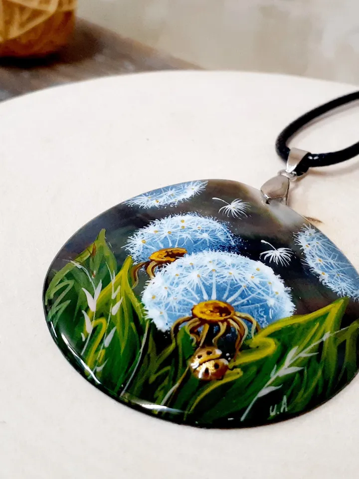 Whispering Dandelions: Hand-Painted Pearl Pendant in Green Grass - Nature's Delicate Charm, Symbol of Hope and Transformation